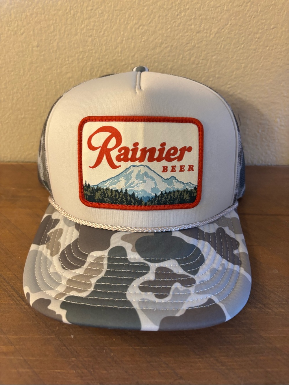 American Needle Rainier Beer Patch Trucker Hat - White, Gray Camo